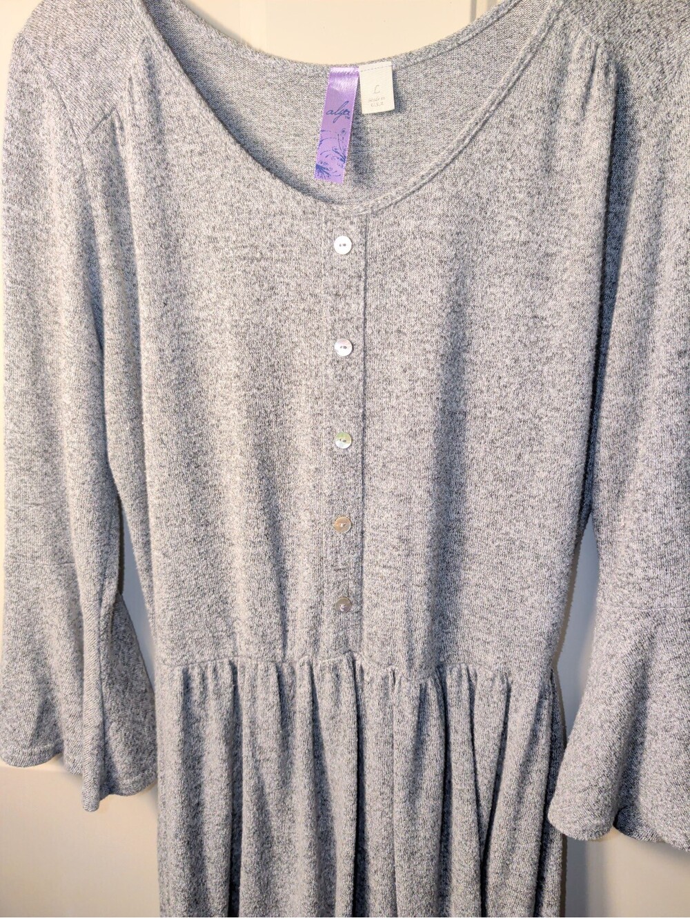 Alya Button Front Knit Dress Flared Sleeves Womens Size Large Gray USA Made - Picture 2 of 8
